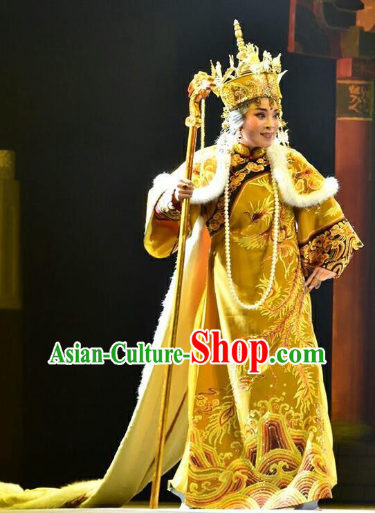 Chinese Jin Opera Queen Mother Garment Costumes and Headdress Xiaozhuang Changge Traditional Shanxi Opera Qing Dynasty Empress Dowager Dress Elderly Female Apparels