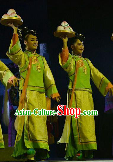 Chinese Jin Opera Palace Lady Garment Costumes and Headdress Xiaozhuang Changge Traditional Shanxi Opera Qing Dynasty Court Maid Dress Figurant Apparels