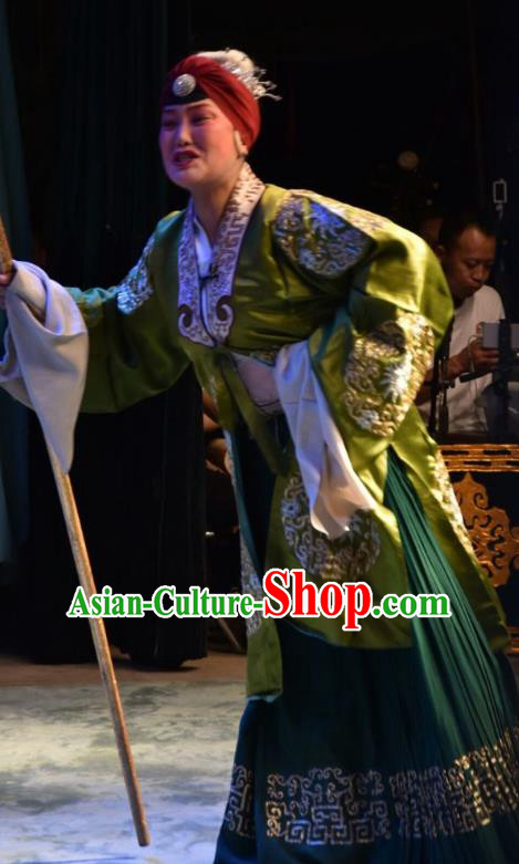 Chinese Jin Opera Pantaloon Garment Costumes and Headdress Han Yang Court Traditional Shanxi Opera Elderly Female Green Dress Noble Dame Apparels