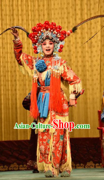 Chinese Jin Opera Female Warrior Red Garment Costumes and Headdress Jin Sha Tan Traditional Shanxi Opera Wudan Dress Martial Woman Apparels