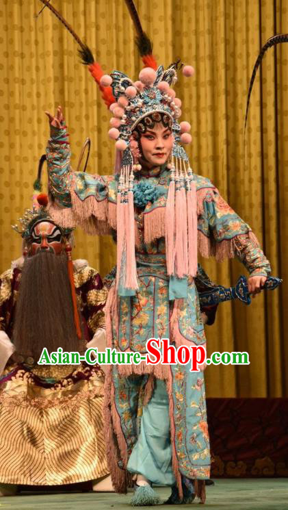 Chinese Jin Opera Female Warrior Blue Garment Costumes and Headdress Jin Sha Tan Traditional Shanxi Opera Wudan Dress Martial Woman Apparels