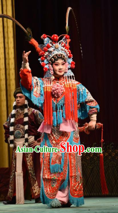 Chinese Jin Opera Female Warrior Garment Costumes and Headdress Jin Sha Tan Traditional Shanxi Opera Soldier Dress Martial Woman Apparels