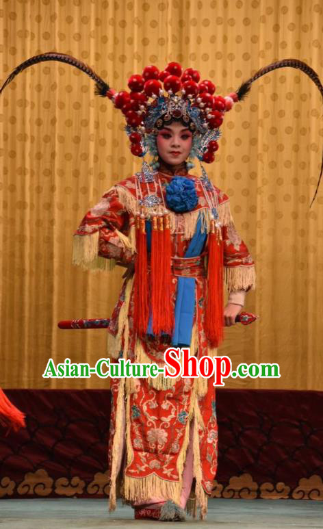 Chinese Jin Opera Female Warrior Garment Costumes and Headdress Jin Sha Tan Traditional Shanxi Opera Soldier Dress Martial Woman Red Apparels
