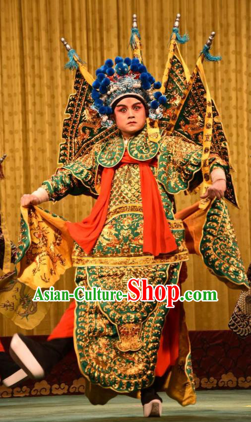 Jin Sha Tan Chinese Shanxi Opera Martial Male Armor Apparels Costumes and Headpieces Traditional Jin Opera General Garment Green Kao Clothing with Flags