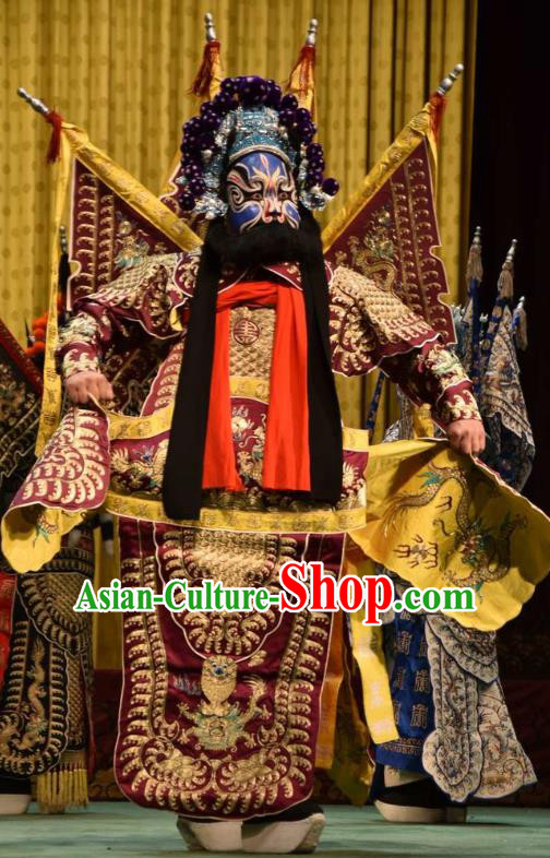 Jin Sha Tan Chinese Shanxi Opera Martial Male Armor Apparels Costumes and Headpieces Traditional Jin Opera General Garment Purplish Red Kao Clothing with Flags