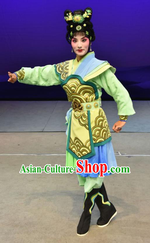 Chinese Jin Opera Female Soldier Green Garment Costumes and Headdress Xiong Guan Niang Zi Traditional Shanxi Opera Wudan Dress Swordswoman Apparels