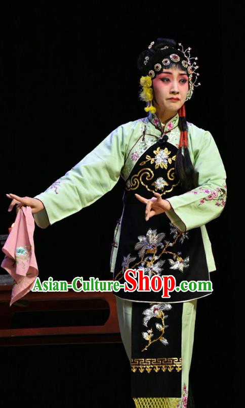 Chinese Jin Opera Village Girl Su Wujuan Garment Costumes and Headdress Fifteen Strings of Cash Traditional Shanxi Opera Young Lady Dress Xiaodan Apparels