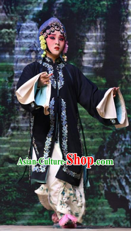 Chinese Jin Opera Distress Maiden Garment Costumes and Headdress Fifteen Strings of Cash Traditional Shanxi Opera Young Lady Dress Village Girl Su Wujuan Apparels