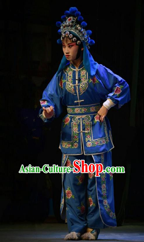 Chinese Jin Opera Female Swordsman Garment Costumes and Headdress Traditional Shanxi Opera Martial Woman Dress Wudan Blue Apparels