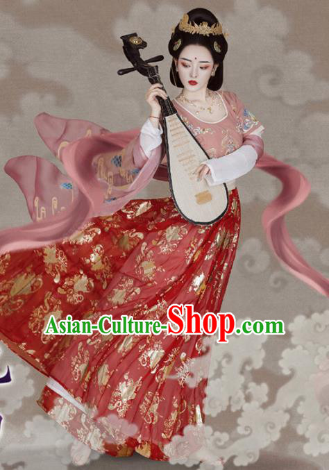 Chinese Tang Dynasty Palace Princess Historical Costumes Traditional Dunhuang Flying Apsaras Apparels Ancient Goddess Hanfu Dress and Headdress Complete Set