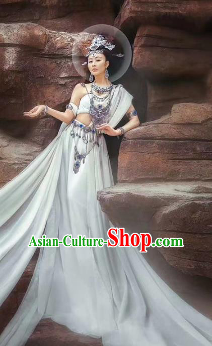 Chinese Traditional Dunhuang Flying Apsaras Apparels Tang Dynasty Palace Lady Historical Costumes Ancient Goddess White Hanfu Dress and Headpieces Complete Set