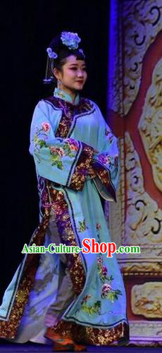Chinese Jin Opera Court Lady Garment Costumes and Headdress Da Qing Yu Shi Traditional Shanxi Opera Xiaodan Dress Qing Dynasty Palace Maid Apparels