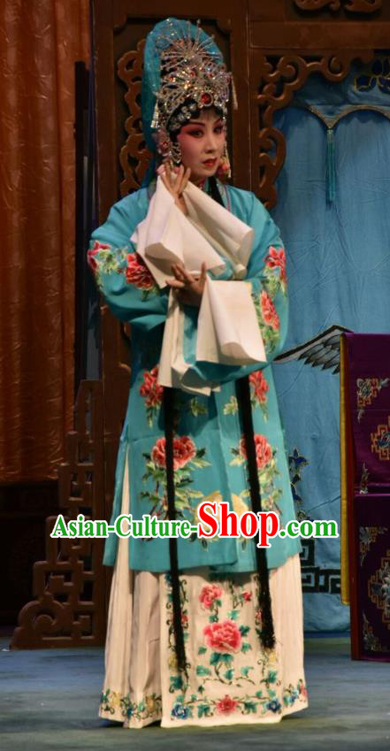 Chinese Jin Opera Young Female Garment Costumes and Headdress Fu Gui Tu Traditional Shanxi Opera Actress Yin Bilian Blue Dress Diva Apparels