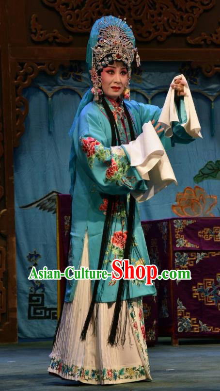 Chinese Jin Opera Young Female Garment Costumes and Headdress Fu Gui Tu Traditional Shanxi Opera Actress Yin Bilian Blue Dress Diva Apparels