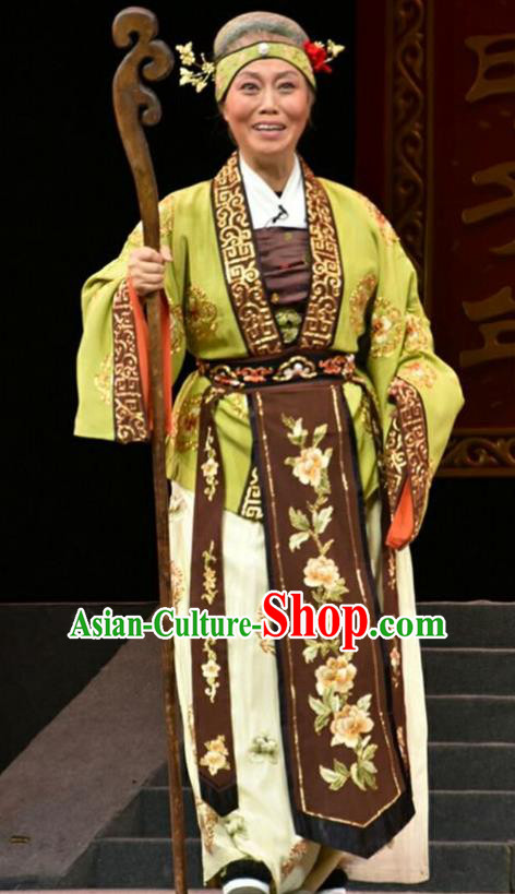 Chinese Jin Opera Laodan Garment Costumes and Headdress Fan Jin Zhong Ju Traditional Shanxi Opera Pantaloon Apparels Dame Dress