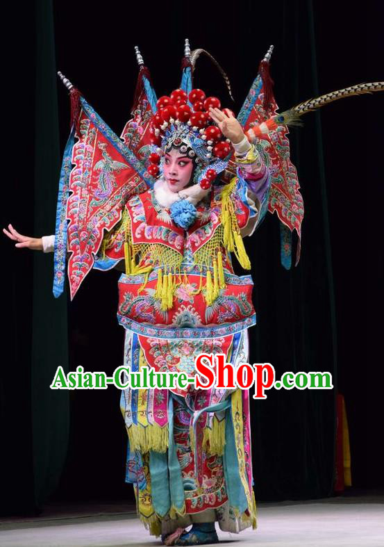 Chinese Jin Opera Female General Mu Guiying Garment Costumes and Headdress San Guan Dian Shuai Traditional Shanxi Opera Tao Ma Tan Dress Red Kao Apparels with Flags