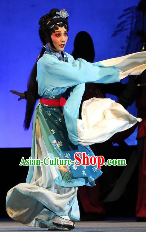 Chinese Jin Opera Country Woman Garment Costumes and Headdress Lan Ke Mountain Traditional Shanxi Opera Hua Tan Dress Young Female Apparels