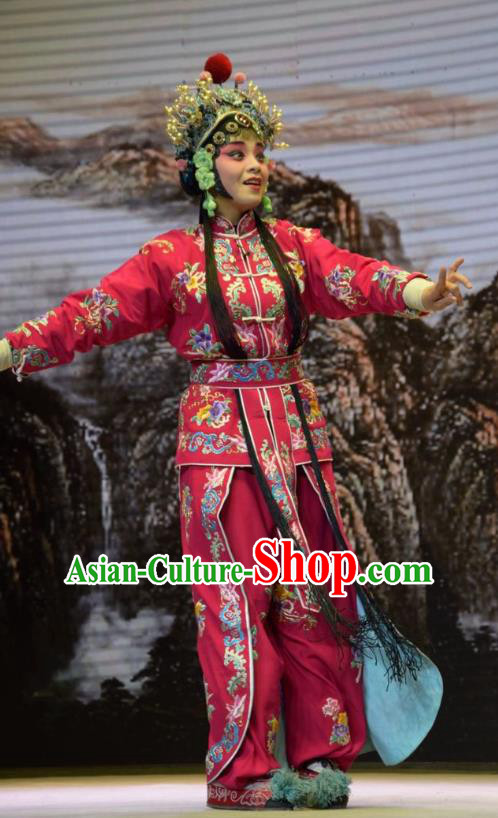 Chinese Jin Opera Female Swordsman Garment Costumes and Headdress San Guan Dian Shuai Traditional Shanxi Opera Dress Martial Woman Rosy Apparels