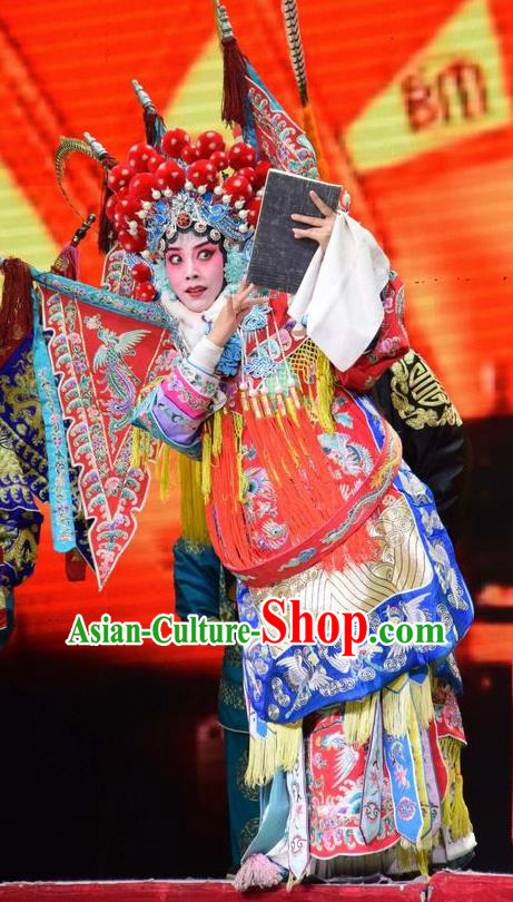 Chinese Jin Opera Blues Mu Guiying Garment Costumes and Headdress San Guan Dian Shuai Traditional Shanxi Opera Tao Ma Tan Dress Female General Apparels with Flags