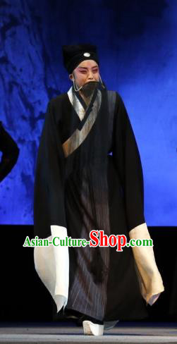 Lan Ke Mountain Chinese Shanxi Opera Elderly Male Apparels Costumes and Headpieces Traditional Jin Opera Laosheng Garment Zhu Maichen Black Clothing