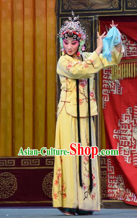 Chinese Jin Opera Actress Yin Bilian Garment Costumes and Headdress Fu Gui Tu Traditional Shanxi Opera Young Beauty Yellow Dress Hua Tan Apparels