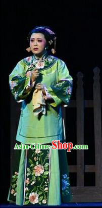 Chinese Jin Opera Dame Garment Costumes and Headdress Wang Jia Da Yuan Traditional Shanxi Opera Rich Woman Green Dress Apparels