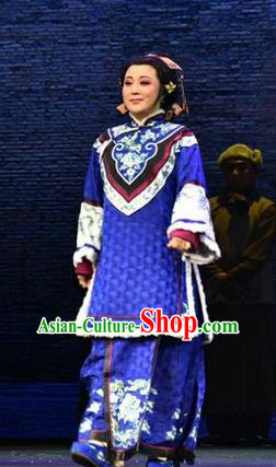 Chinese Jin Opera Diaforce Garment Costumes and Headdress Wang Jia Da Yuan Traditional Shanxi Opera Rich Woman Dress Dame Blue Apparels