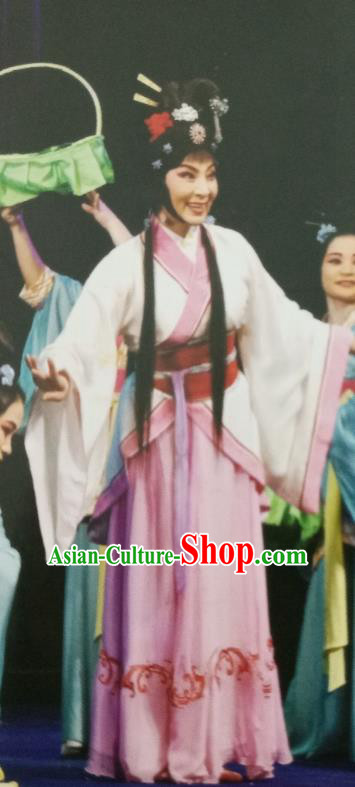 Chinese Jin Opera Young Beauty Garment Costumes and Headdress Zhen Luo Nv Traditional Shanxi Opera Hua Tan Pink Dress Diva Zhen Luo Apparels