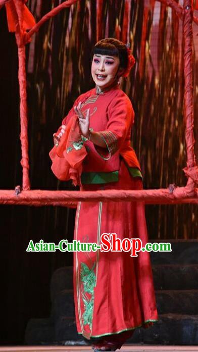 Chinese Jin Opera Bride Red Garment Costumes and Headdress The Red Sorghum Traditional Shanxi Opera Actress Jiu Er Apparels Village Girl Dress