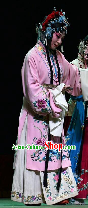 Chinese Jin Opera Rich Female Liu Yuyan Garment Costumes and Headdress Hua Tian Cuo Traditional Shanxi Opera Actress Apparels Hua Tan Pink Dress