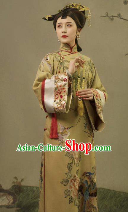 Chinese Traditional Qing Dynasty Imperial Consort Historical Costumes Ancient Royal Queen Hanfu Dress Manchu Empress Apparels and Headpieces Complete Set