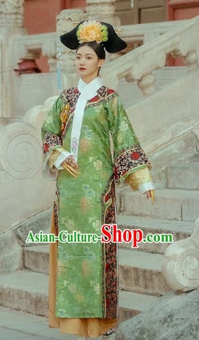 Chinese Traditional Drama Green Hanfu Dress Ancient Apparels Qing Dynasty Imperial Consort Historical Costumes and Headdress Complete Set for Women