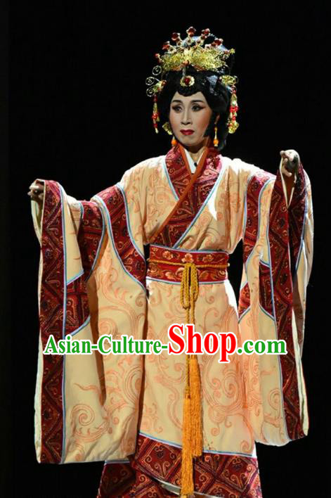 Chinese Jin Opera Noble Female Garment Costumes and Headdress Qing Ming Traditional Shanxi Opera Queen Apparels Empress Dress