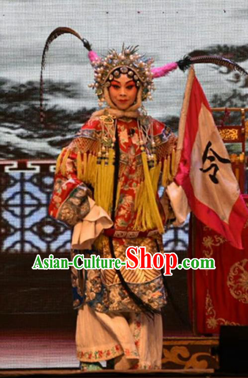 Chinese Jin Opera Tao Ma Tan Garment Costumes and Headdress Lu Hua River Traditional Shanxi Opera Blues Apparels Female General Fan Lihua Dress