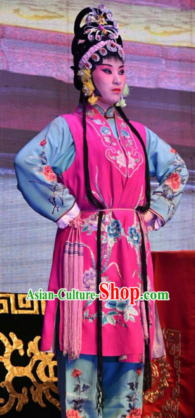 Chinese Jin Opera Servant Girl Chun Hong Garment Costumes and Headdress Cha Ping Ji Traditional Shanxi Opera Xiaodan Apparels Young Lady Dress