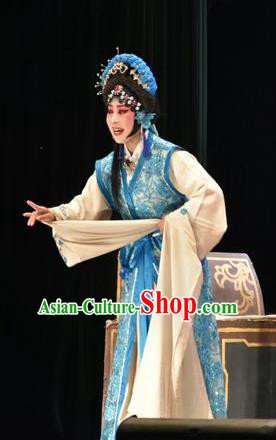 Chinese Jin Opera Distress Maiden Garment Costumes and Headdress Tears in Suzhou Traditional Shanxi Opera Diva Wang Lianjuan Apparels Actress Blue Dress