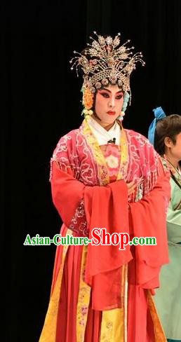 Chinese Jin Opera Young Mistress Garment Costumes and Headdress Tears in Suzhou Traditional Shanxi Opera Madam Jiang Suqin Apparels Actress Red Dress