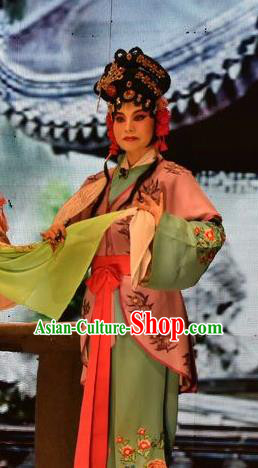 Chinese Jin Opera Maid Lady Xiao Ling Garment Costumes and Headdress Tears in Suzhou Traditional Shanxi Opera Servant Girl Apparels Xiaodan Dress