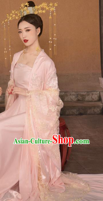 Chinese Drama Ancient Queen Pink Hanfu Dress Apparels Traditional Tang Dynasty Empress Historical Costumes and Headwear for Women