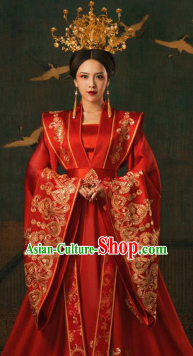 Chinese Ancient Imperial Empress Red Hanfu Dress Apparels Traditional Tang Dynasty Royal Queen Historical Costumes and Headdress for Women