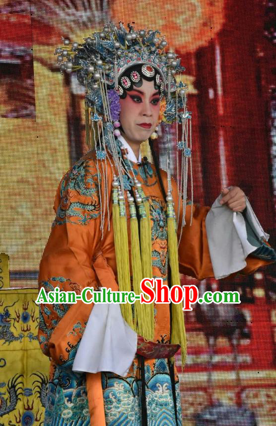 Chinese Jin Opera Empress Dowager Garment Costumes and Headdress Long Hu Feng Yun Traditional Shanxi Opera Court Woman Apparels Queen Mother Dress