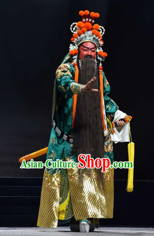 Guan Gong Chinese Shanxi Opera Military Official Guan Yu Apparels Costumes and Headpieces Traditional Jin Opera General Garment Painted Role Clothing