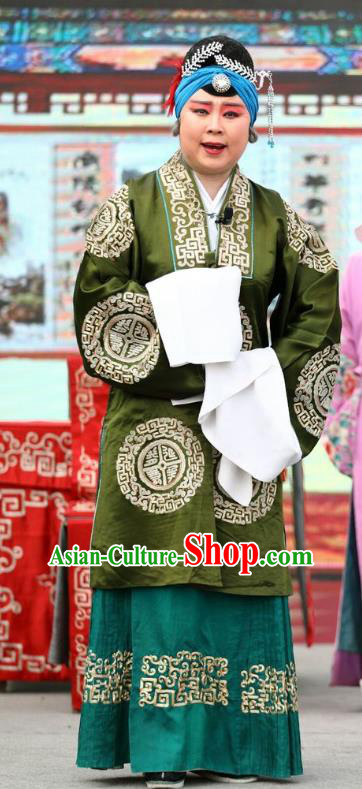 Chinese Jin Opera Elderly Female Garment Costumes and Headdress Shuang Luo Shan Traditional Shanxi Opera Dame Apparels Pantaloon Green Dress