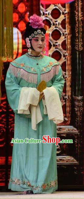 Chinese Jin Opera Palace Maid Garment Costumes and Headdress Big Feet Empress Traditional Shanxi Opera Servant Girl Apparels Xiaodan Blue Dress