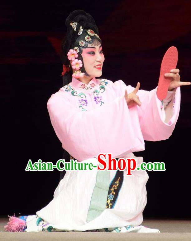 Chinese Jin Opera Court Maid Garment Costumes and Headdress Big Feet Empress Traditional Shanxi Opera Xiaodan Apparels Servant Lady Pink Dress