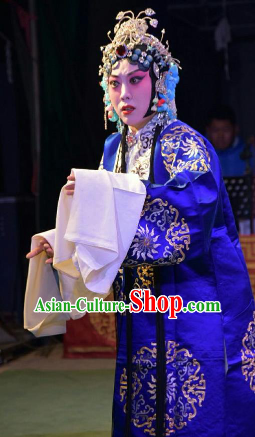 Chinese Jin Opera Young Mistress Garment Costumes and Headdress The Lotus Lantern Traditional Shanxi Opera Goddess Apparels Diva Blue Dress