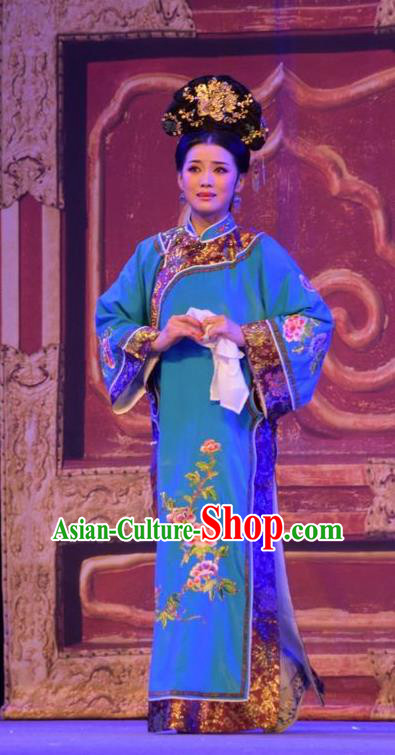 Chinese Jin Opera Qing Dynasty Woman Garment Costumes and Headdress Da Hu Ji Traditional Shanxi Opera Young Female Apparels Blue Dress