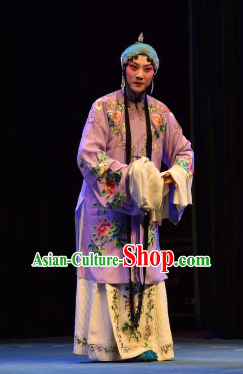 Chinese Jin Opera Actress Garment Costumes and Headdress Shou Jiang Wei Traditional Shanxi Opera Hua Tan Apparels Young Mistress Purple Dress