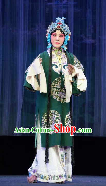 Chinese Jin Opera Young Mistress Garment Costumes and Headdress Mu Guiying Command Traditional Shanxi Opera Actress Apparels Diva Green Dress