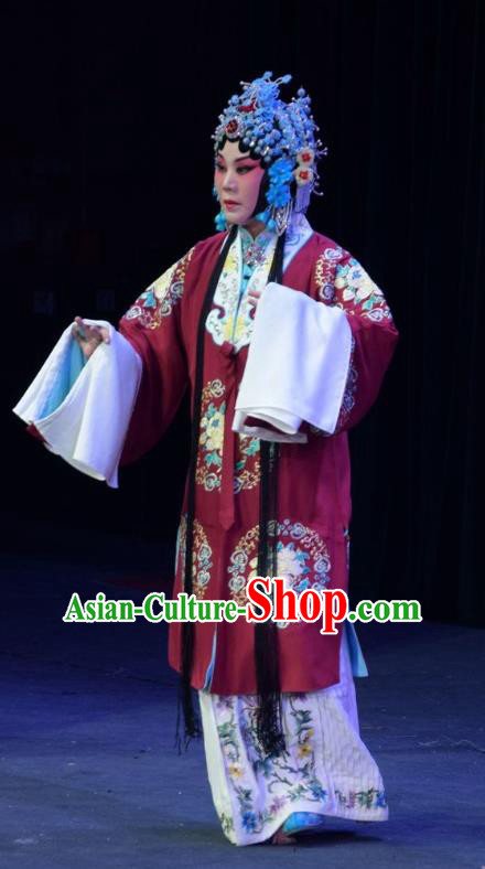 Chinese Jin Opera Diva Garment Costumes and Headdress Mu Guiying Command Traditional Shanxi Opera Actress Apparels Young Mistress Red Dress